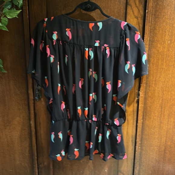 Sheer Black, deep-V neck, peplum with parrot print chiffon blouse - Picture 3 of 3